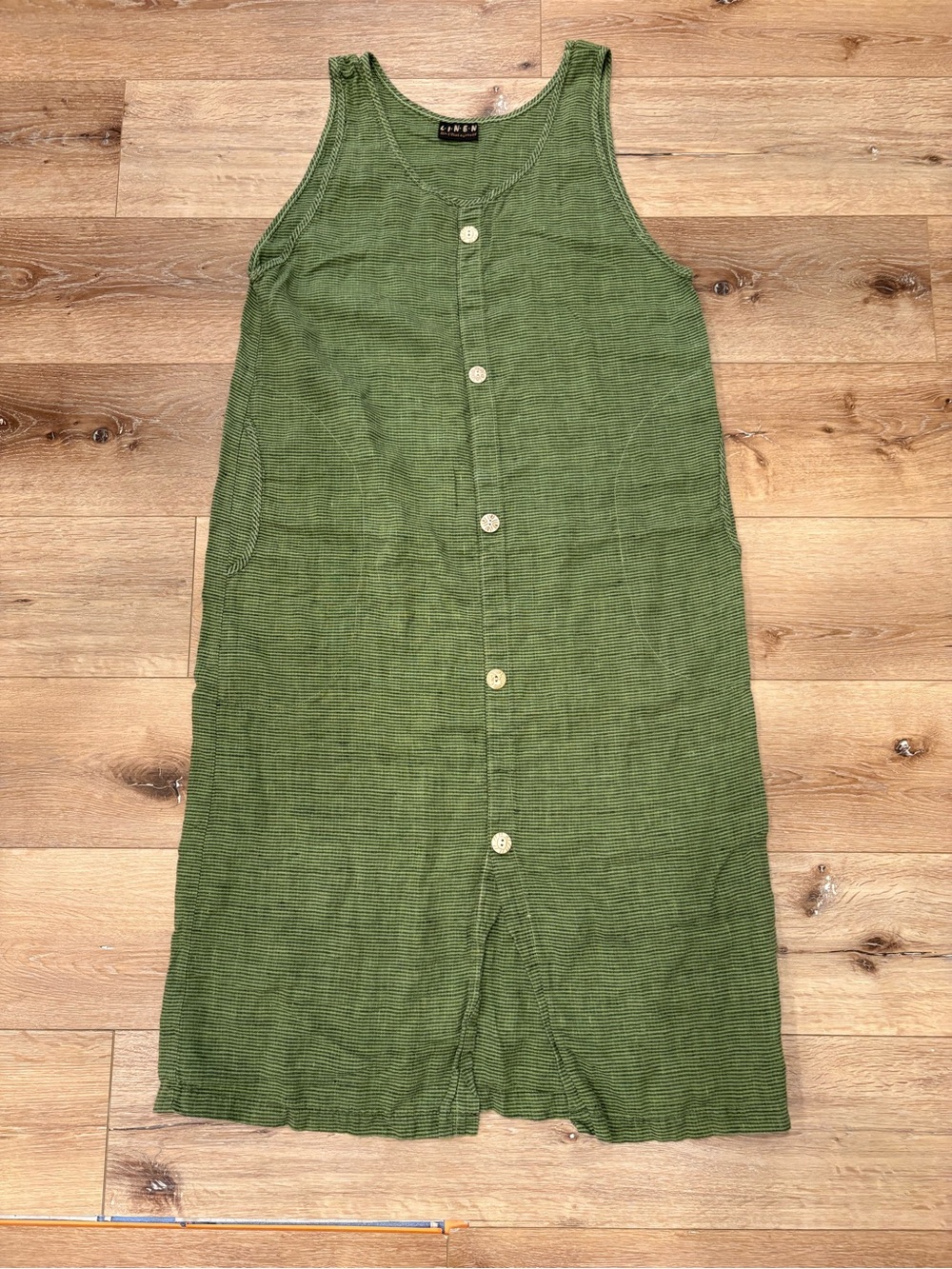 Vintage 90s Liz & Jane Linen Striped Midi Dress Button Front Green Lagenlook- M